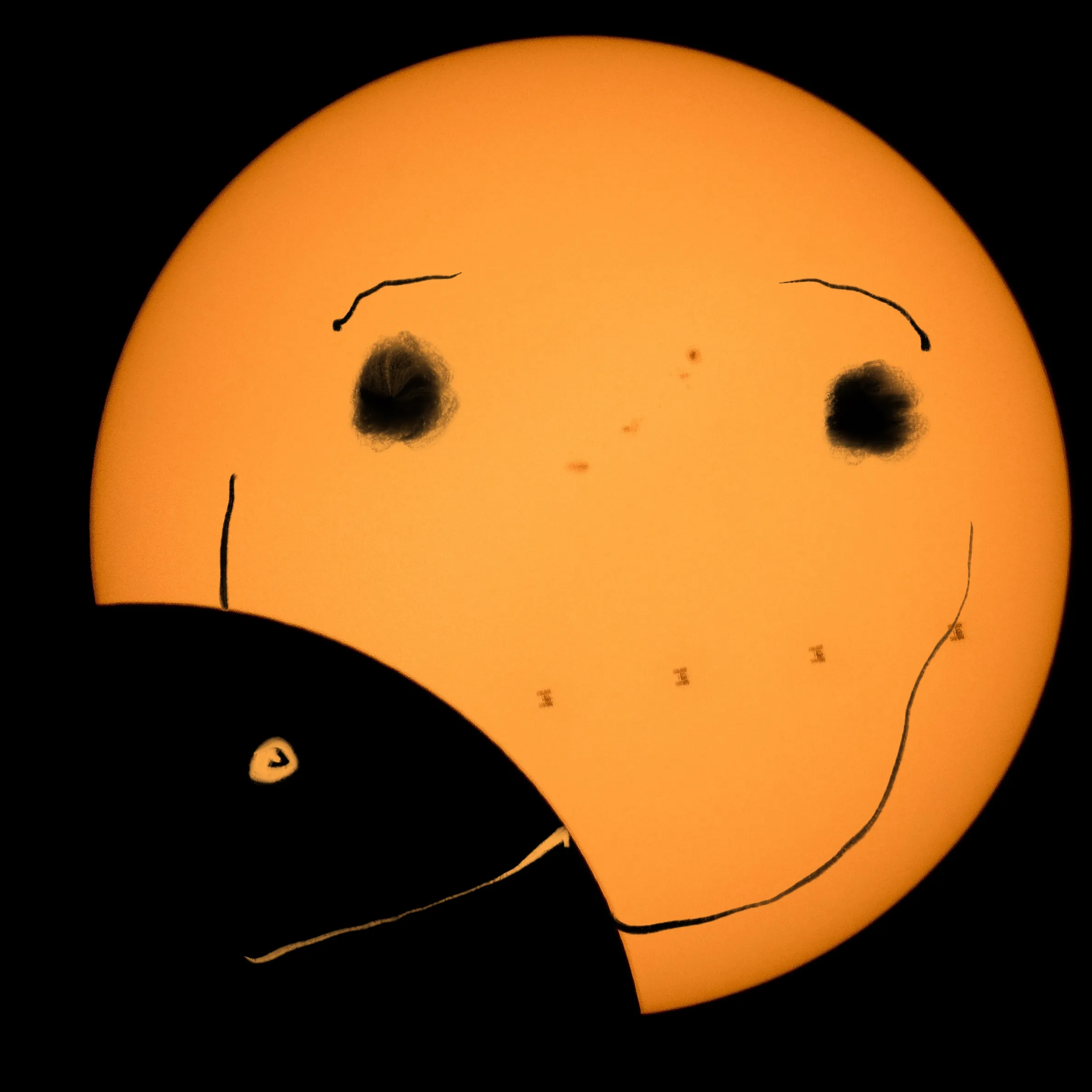 The sun mid-eclipse, sketched as a face — the moon taking a bite