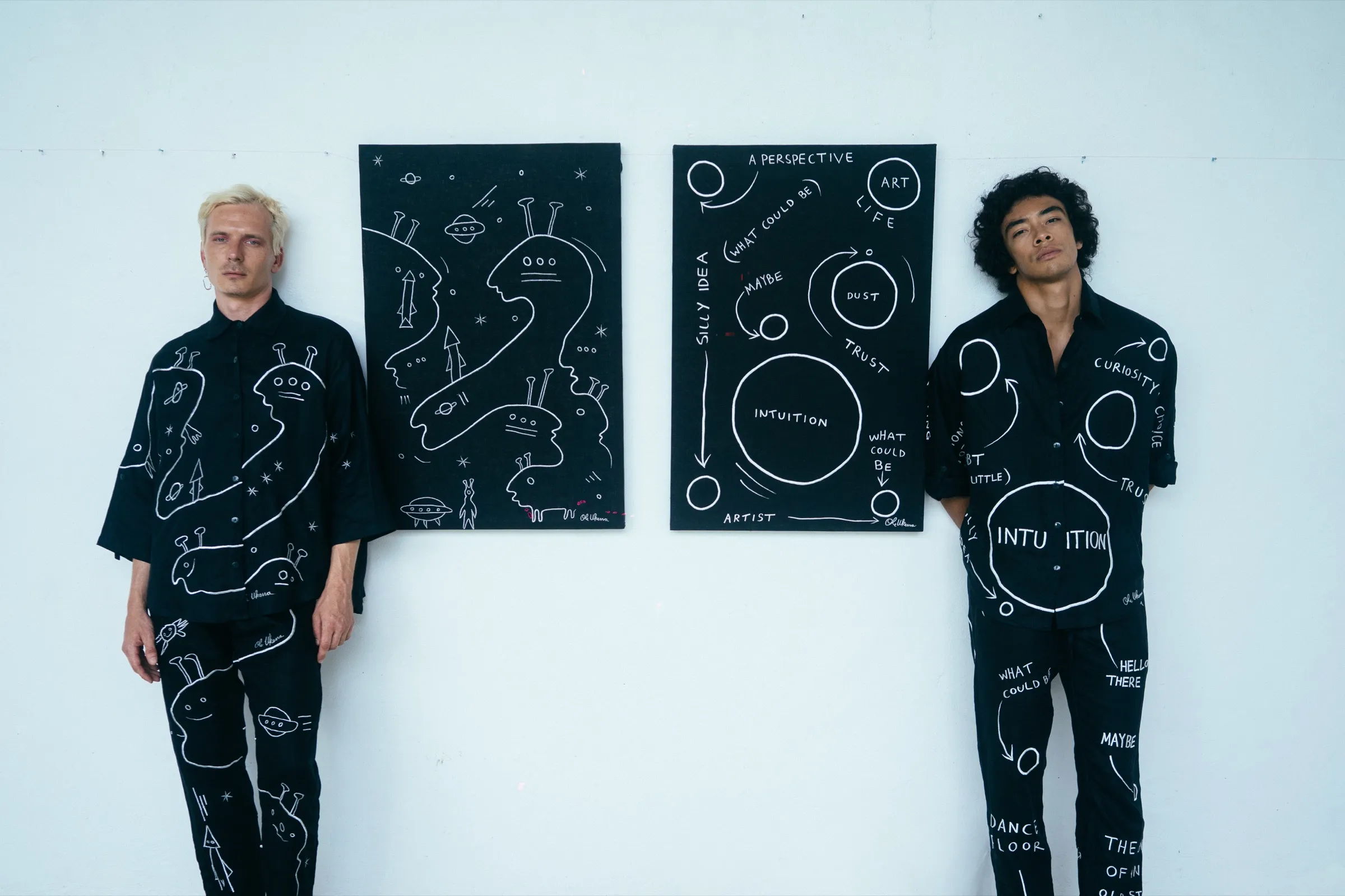 UKENA campaign — wall works and matching garments, the line between art and wearable dissolved